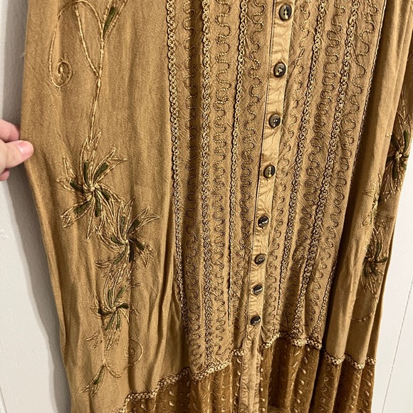Flower Button Front Embroidered Maxi Dress Tan Brown Size M Boho Fairycore - Picture 3 of 8